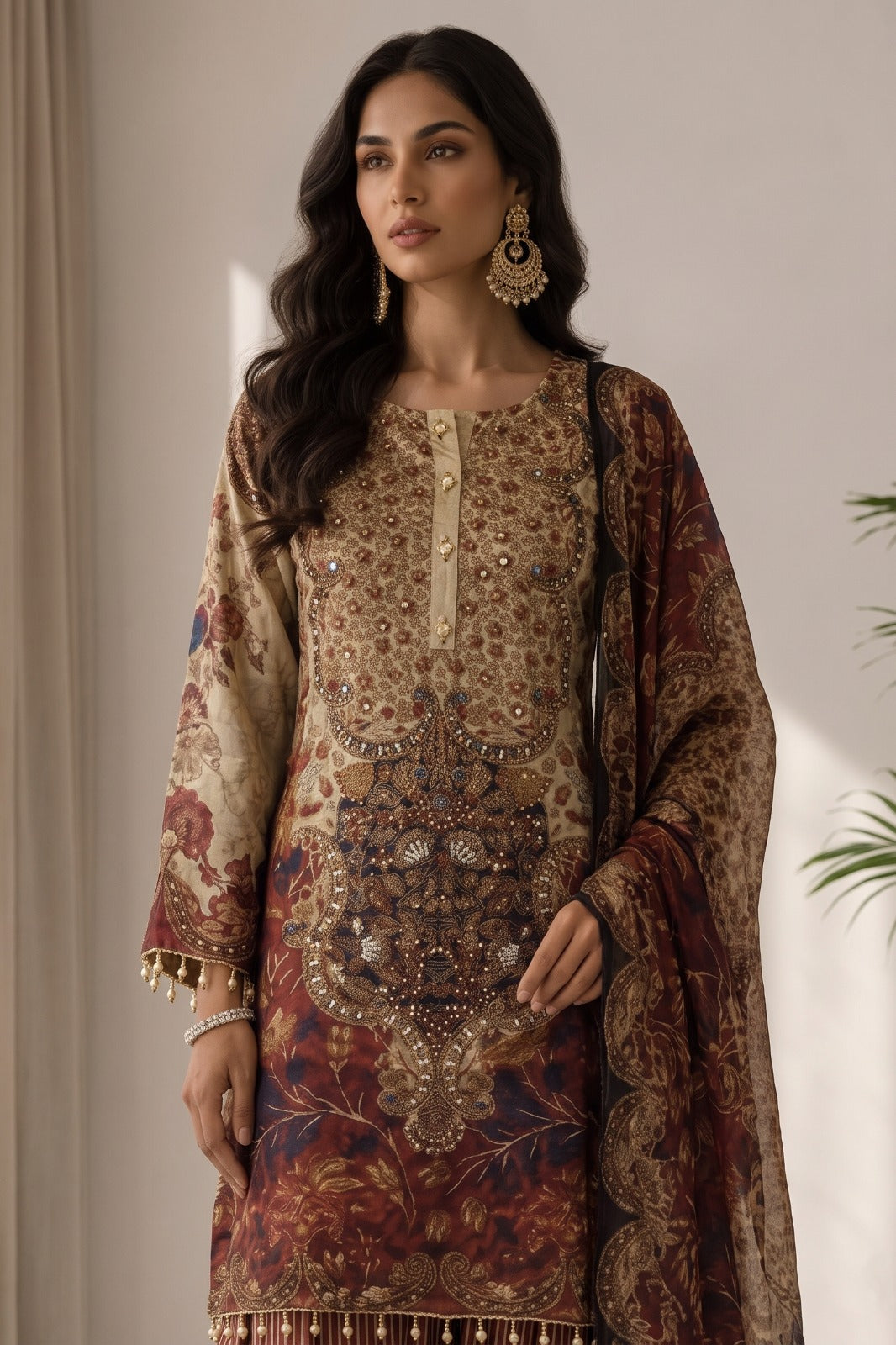 Warm Beige Embellished Muslin Silk Palazzo  Set