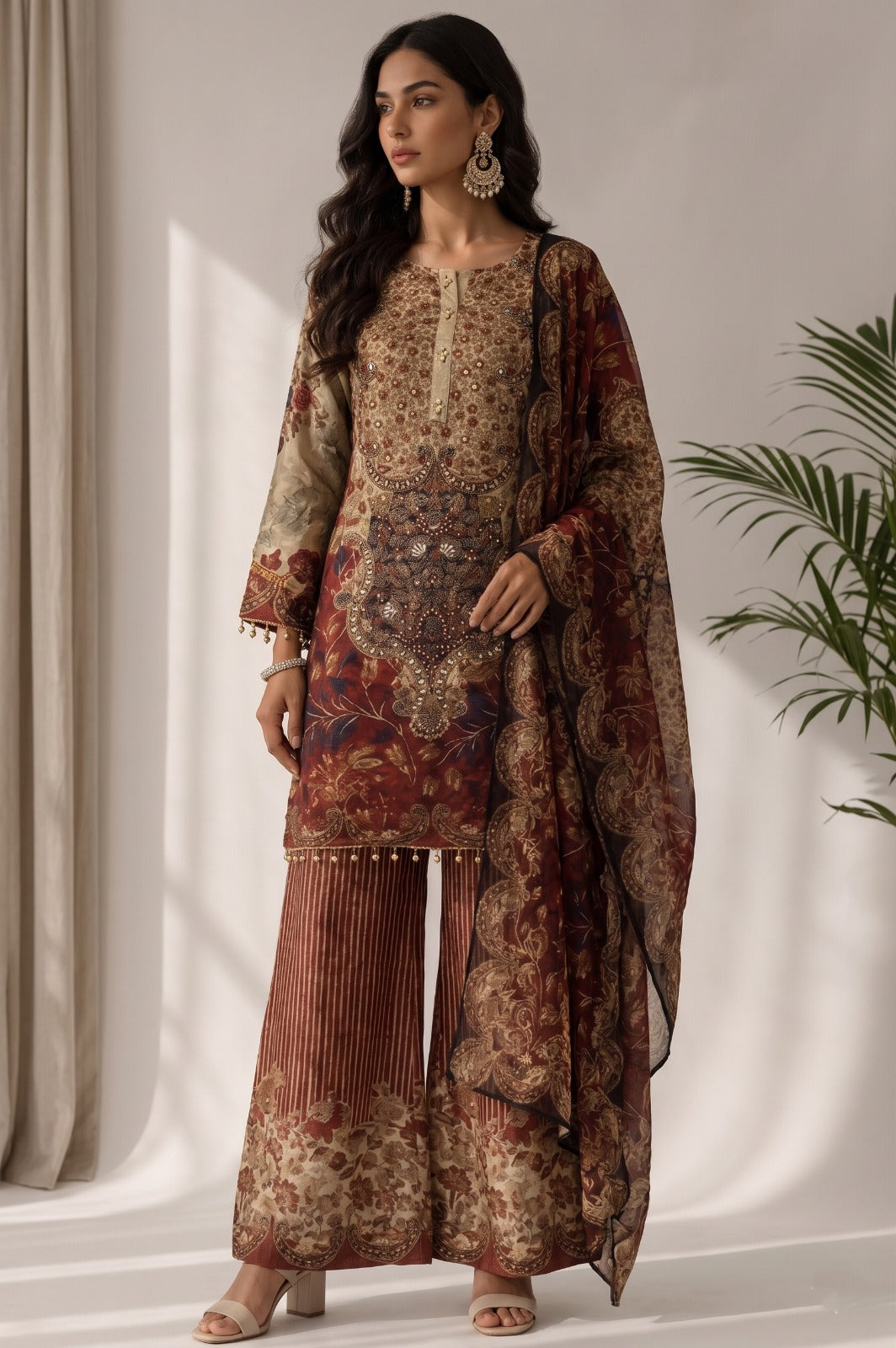 Warm Beige Embellished Muslin Silk Palazzo  Set