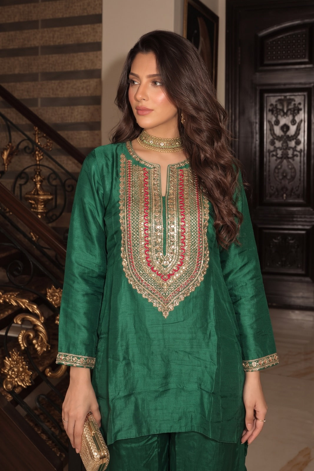 Forest Green Embellished Organza Silk Palazzo Set