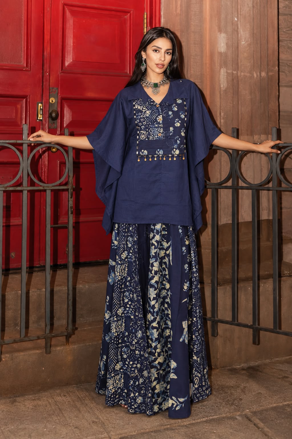 Indigo Navy Blue Printed Cotton Kaftan Set