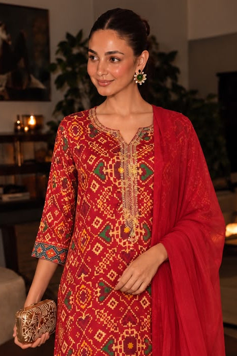 Royal Red Embellished Gajji Silk Pant Set