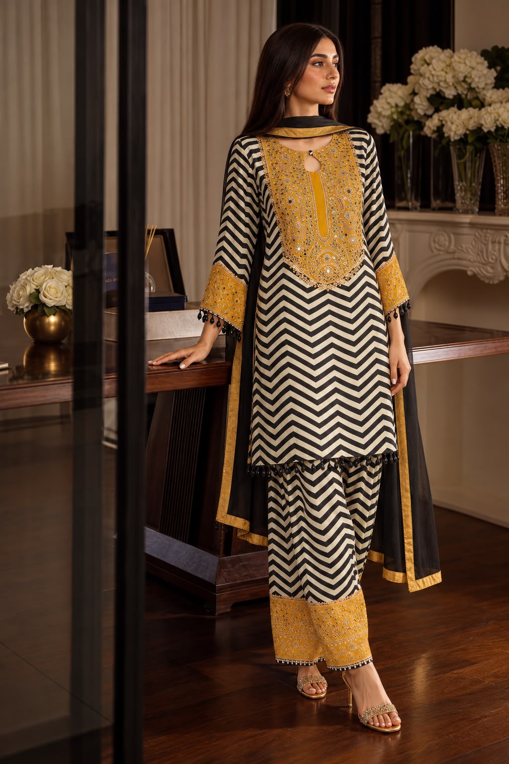 Mustard Yellow Embellished Crepe Silk Salwar Set