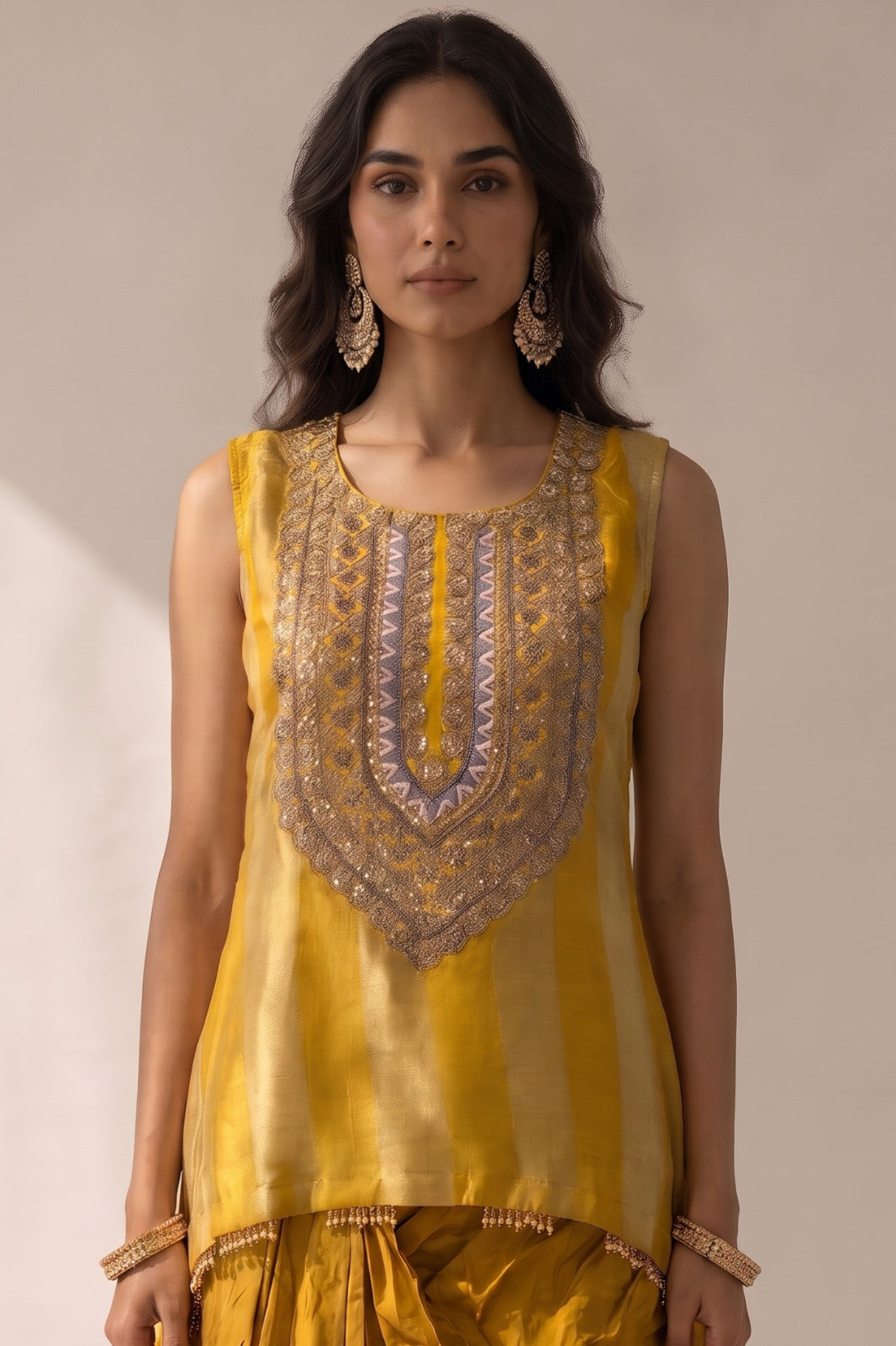 Vibrant Yellow Embellished Crepe Silk Skirt Set