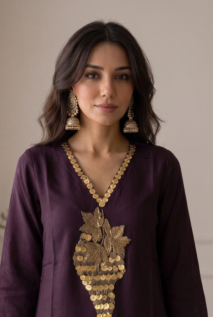 Plum Embellished Satin Silk Co-rd Set