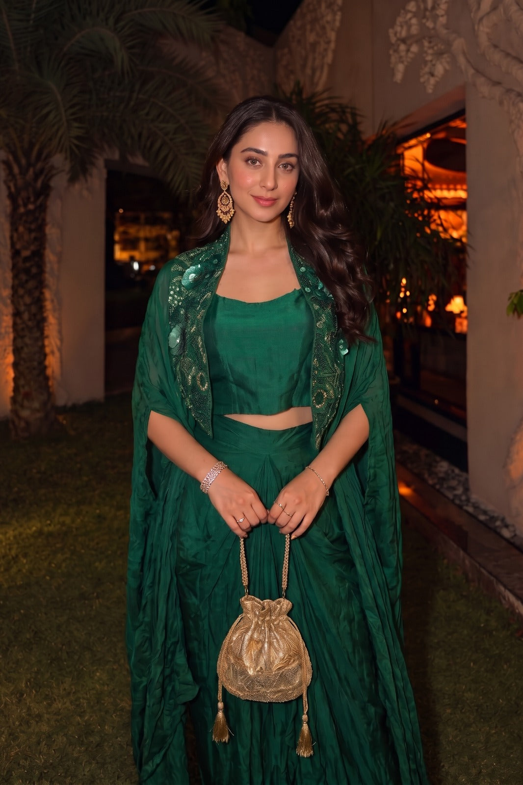 Deep Green Embellished Satin Silk Skirt Set