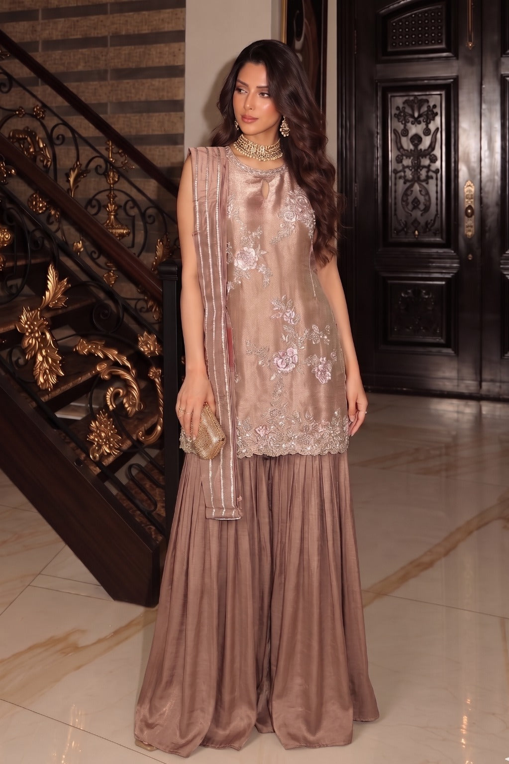 Dusty Rose Embellished Shimmer Silk Palazzo Set