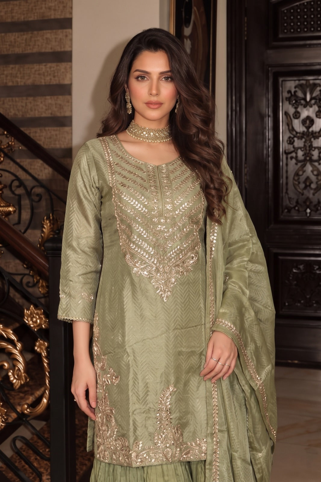 Olive Sage Embellished Shimmer Silk Skirt Set