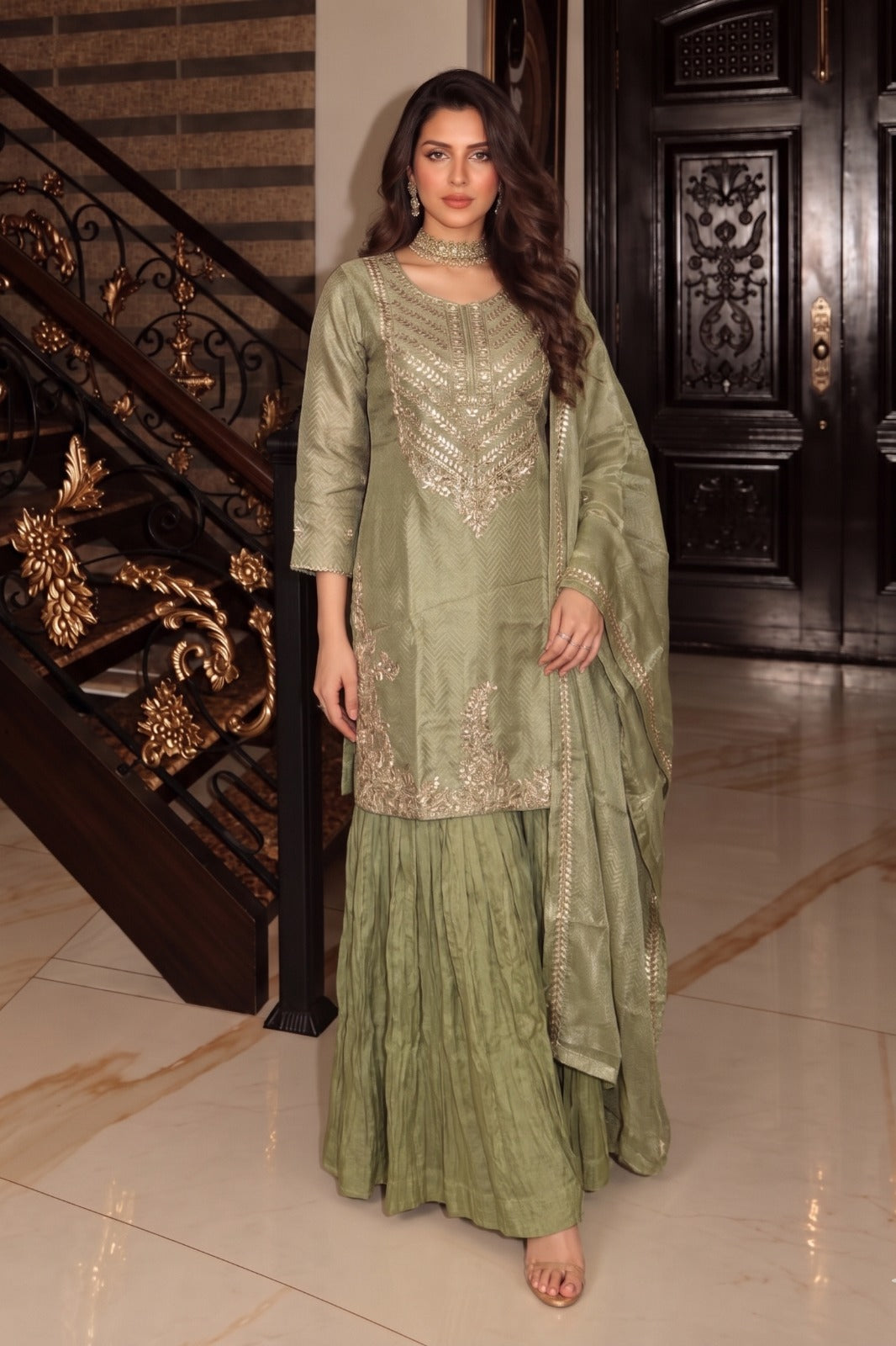Olive Sage Embellished Shimmer Silk Skirt Set