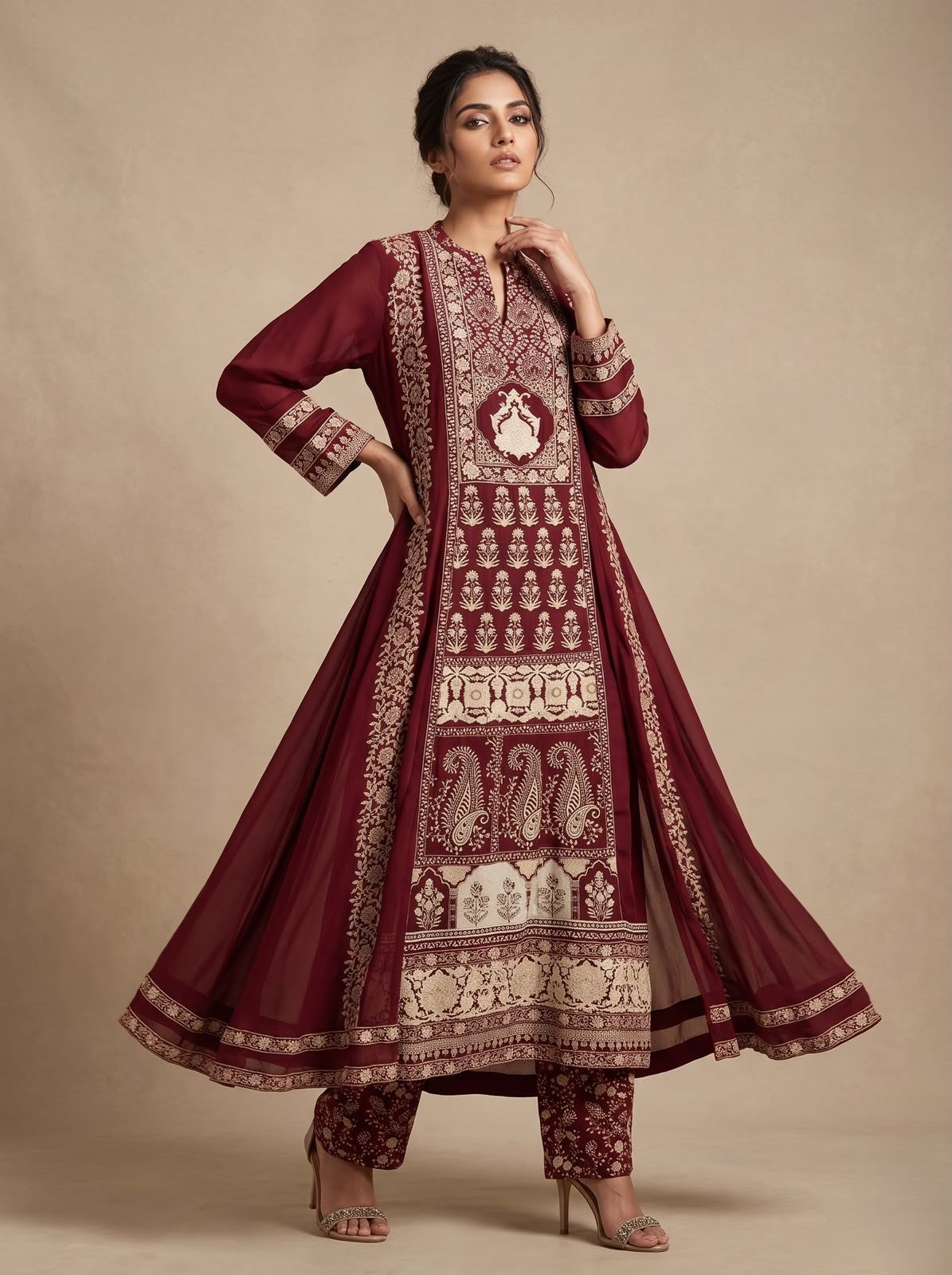 Maroon Embellished Muslin Silk Anarkali Set