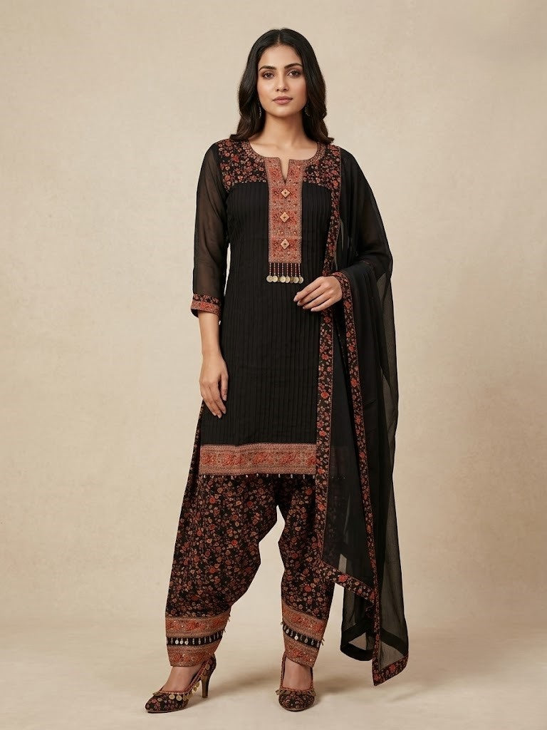 Black Embellished Chiffon  Silk Salwar Set
