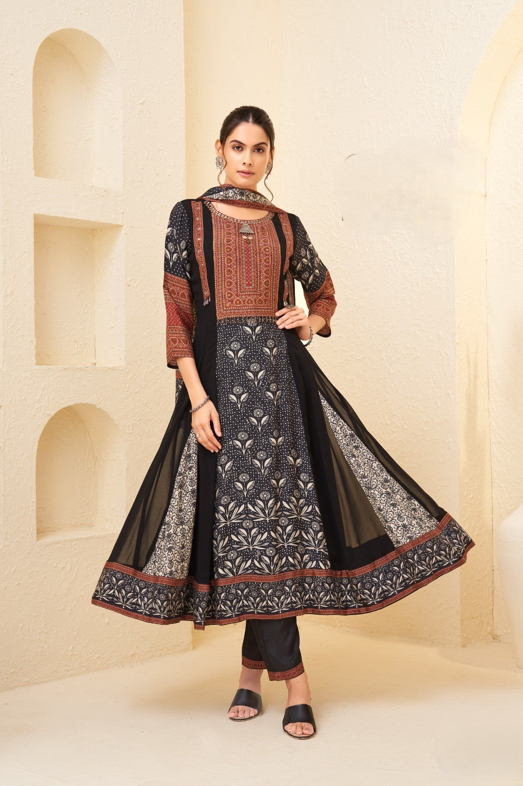 Black Embellished Muslin Silk Anarkali Set