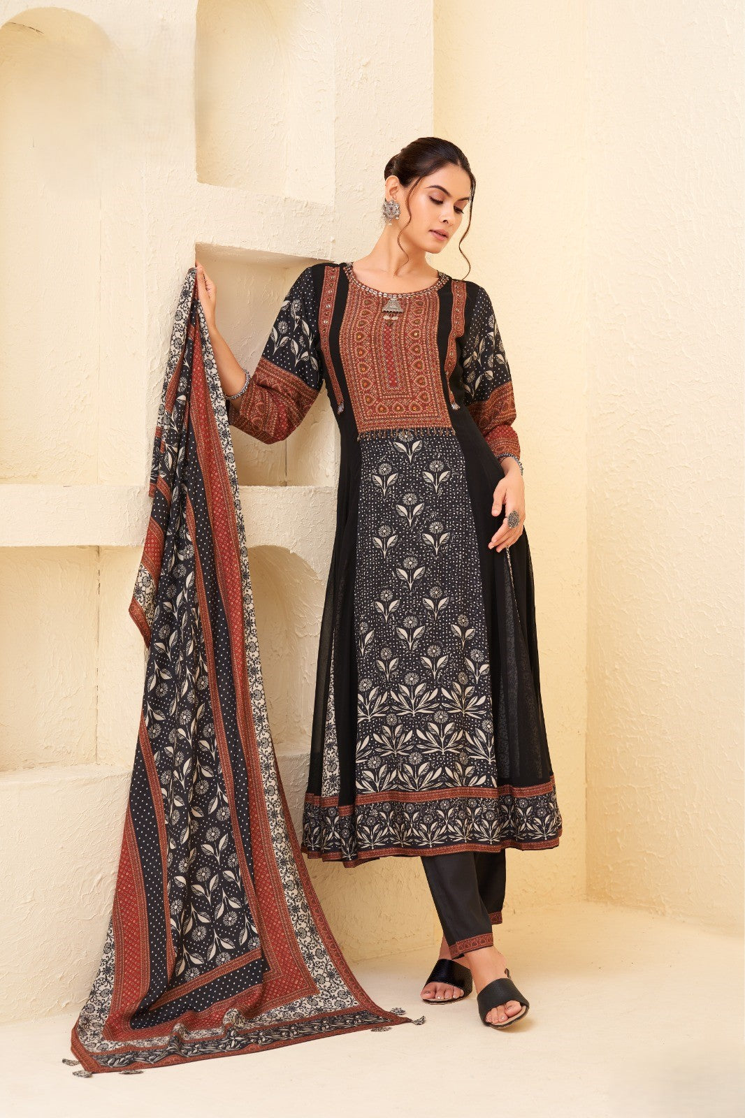Black Embellished Muslin Silk Anarkali Set