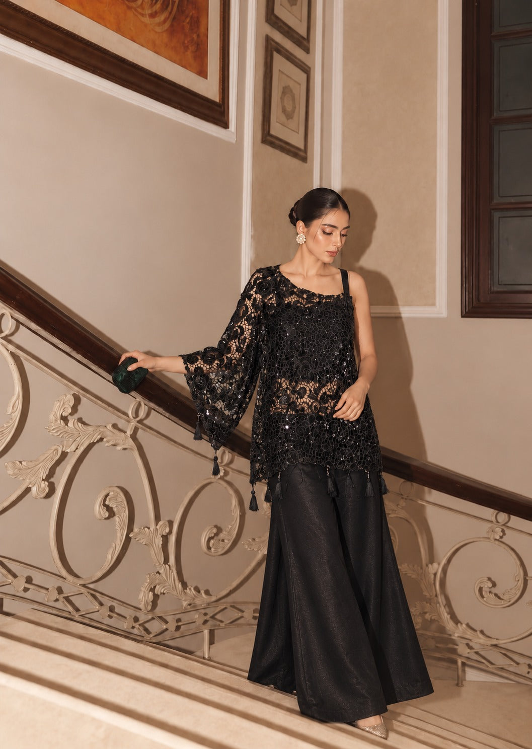 Jet Black Embellished Shimmer Silk Palazzo Set