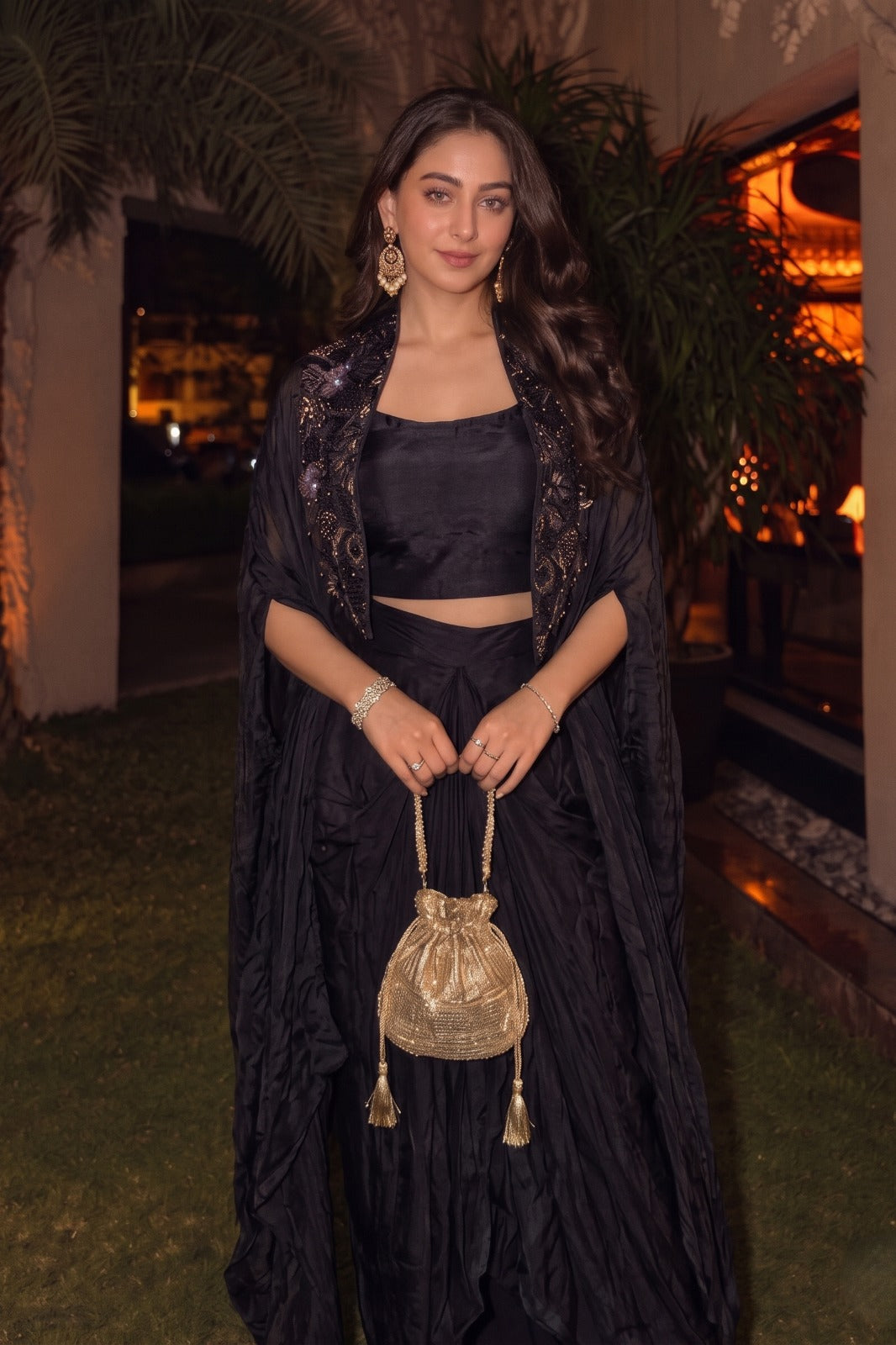 Deep Black Embellished Satin Silk Skirt Set