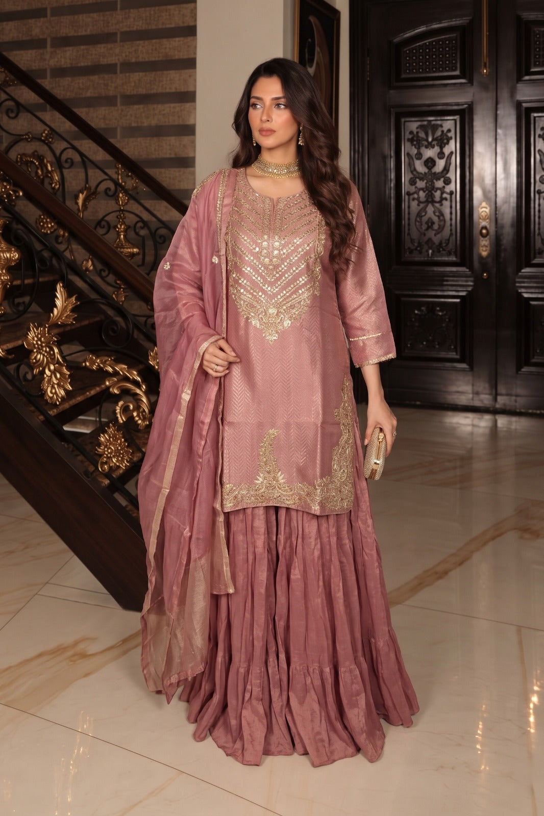 Metallic Pink Embellished Shimmer Silk Skirt Set