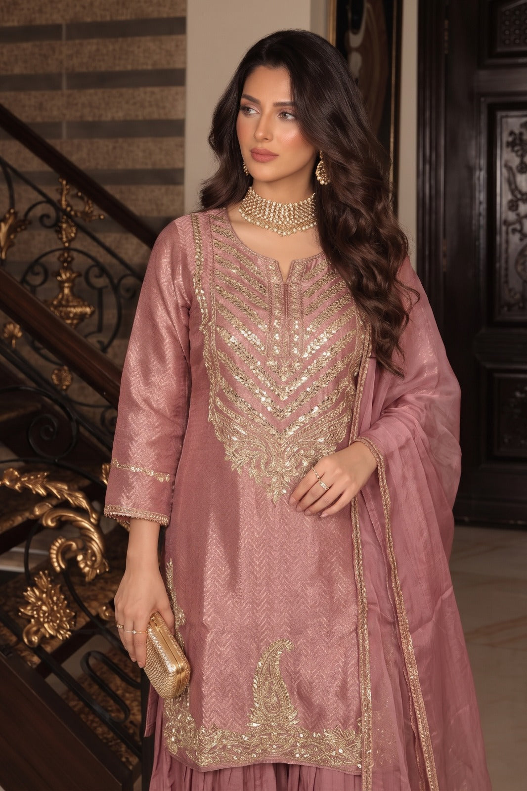 Metallic Pink Embellished Shimmer Silk Skirt Set