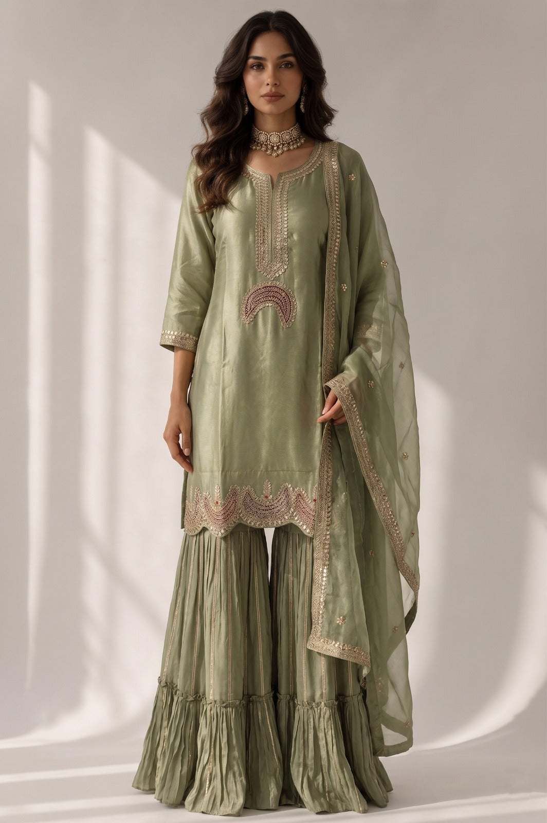 Muted Pistachio Embellished Satin Silk Sharara Set