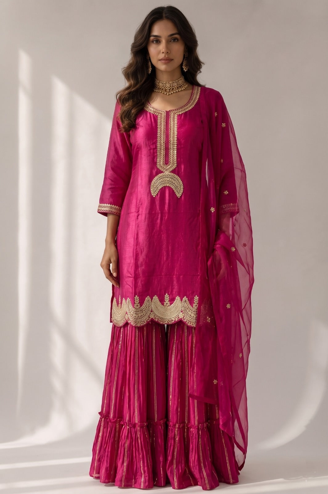 Rani Pink Embellished Satin Silk Sharara Set
