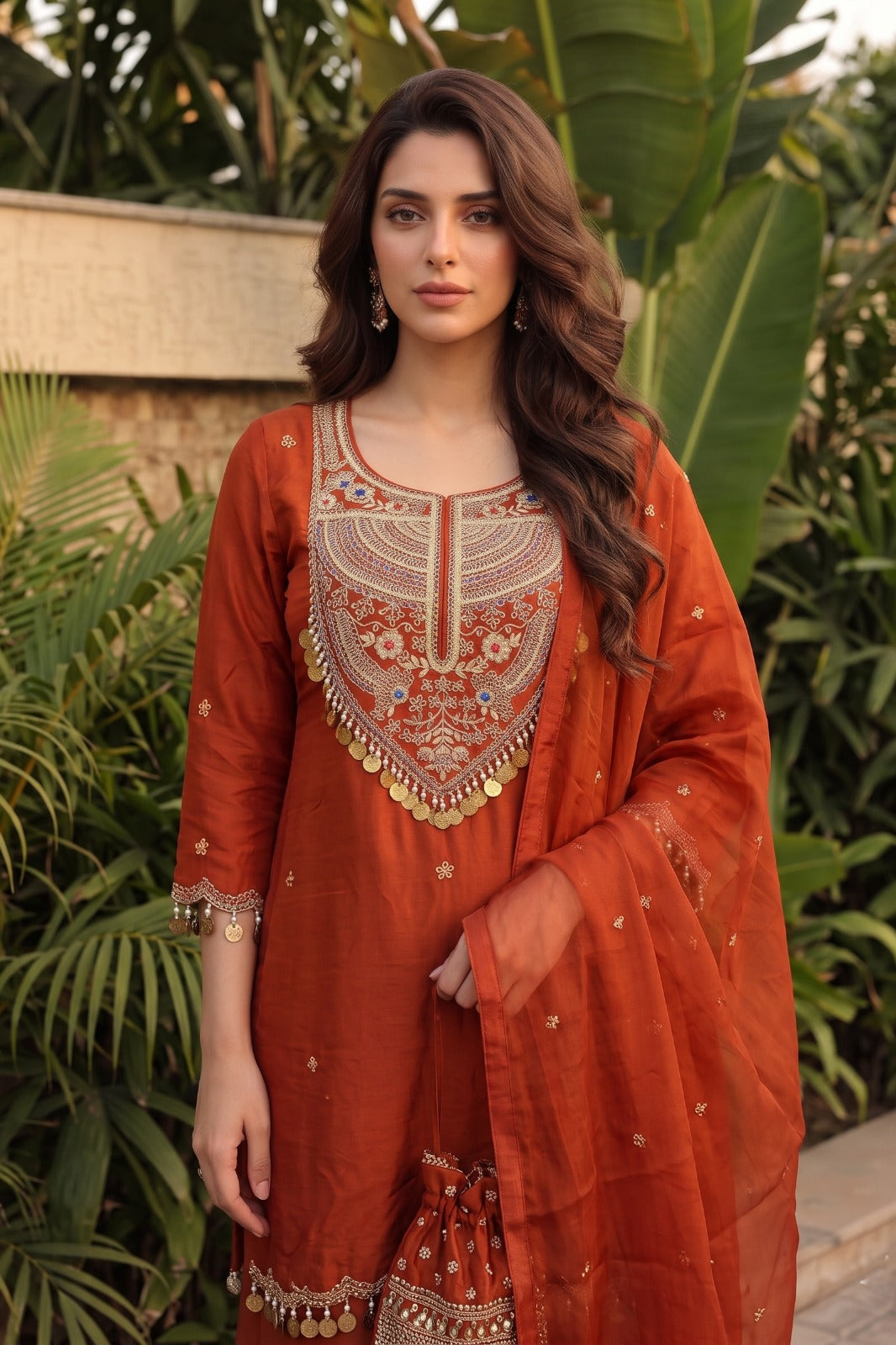 Rust Terracotta Embellished Georgette Silk Sharara Set