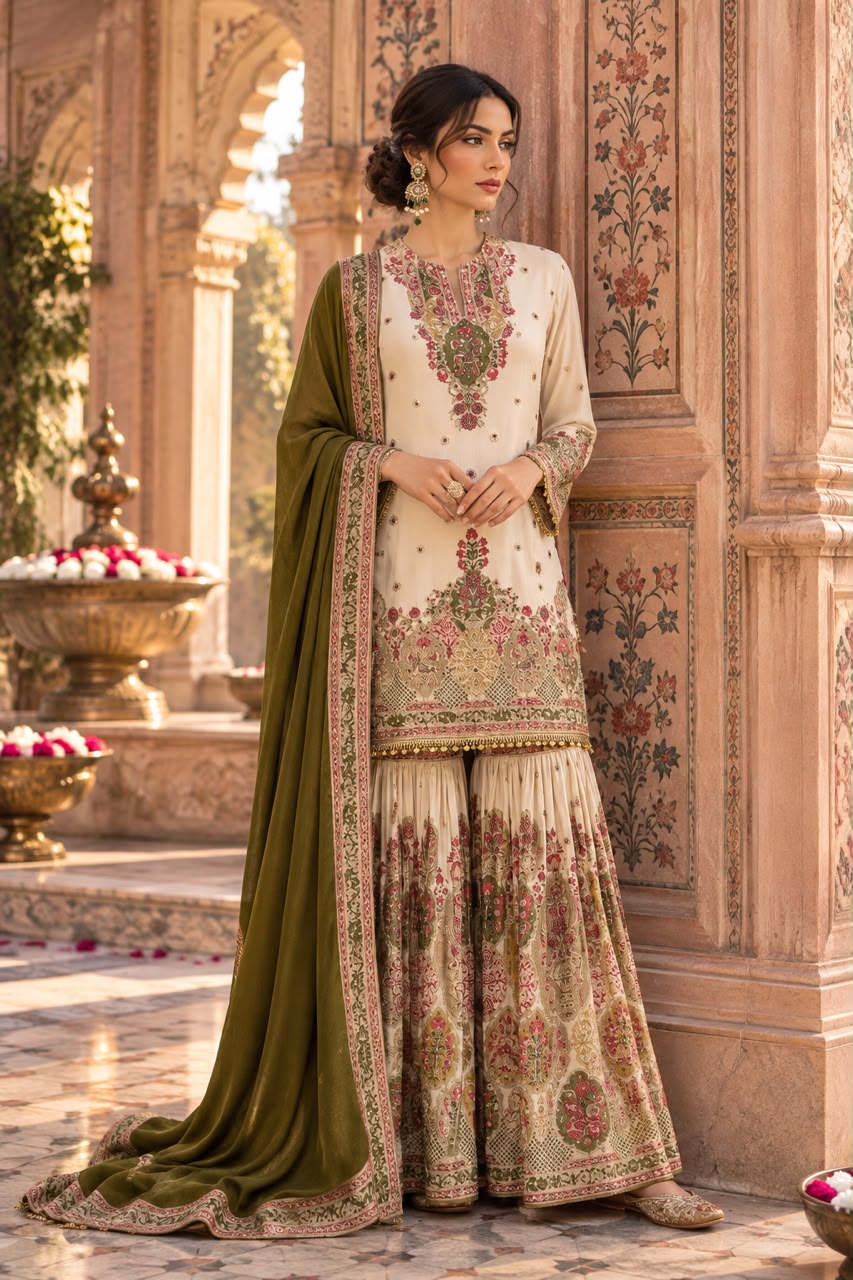 Ivory Cream Embellished Crepe Silk Sharara Set