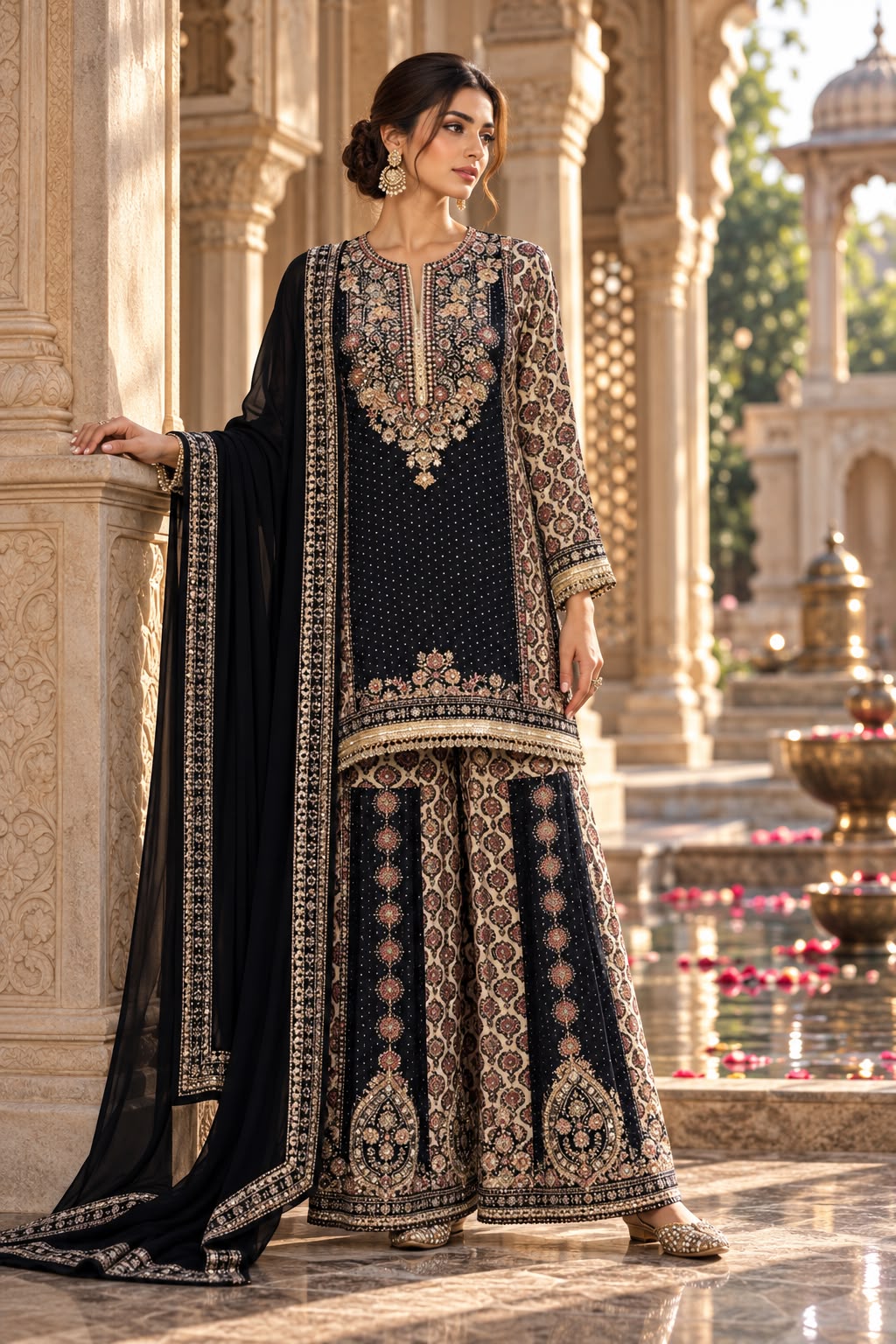 Onyx Royal Embellished Crepe Silk Palazzo Set