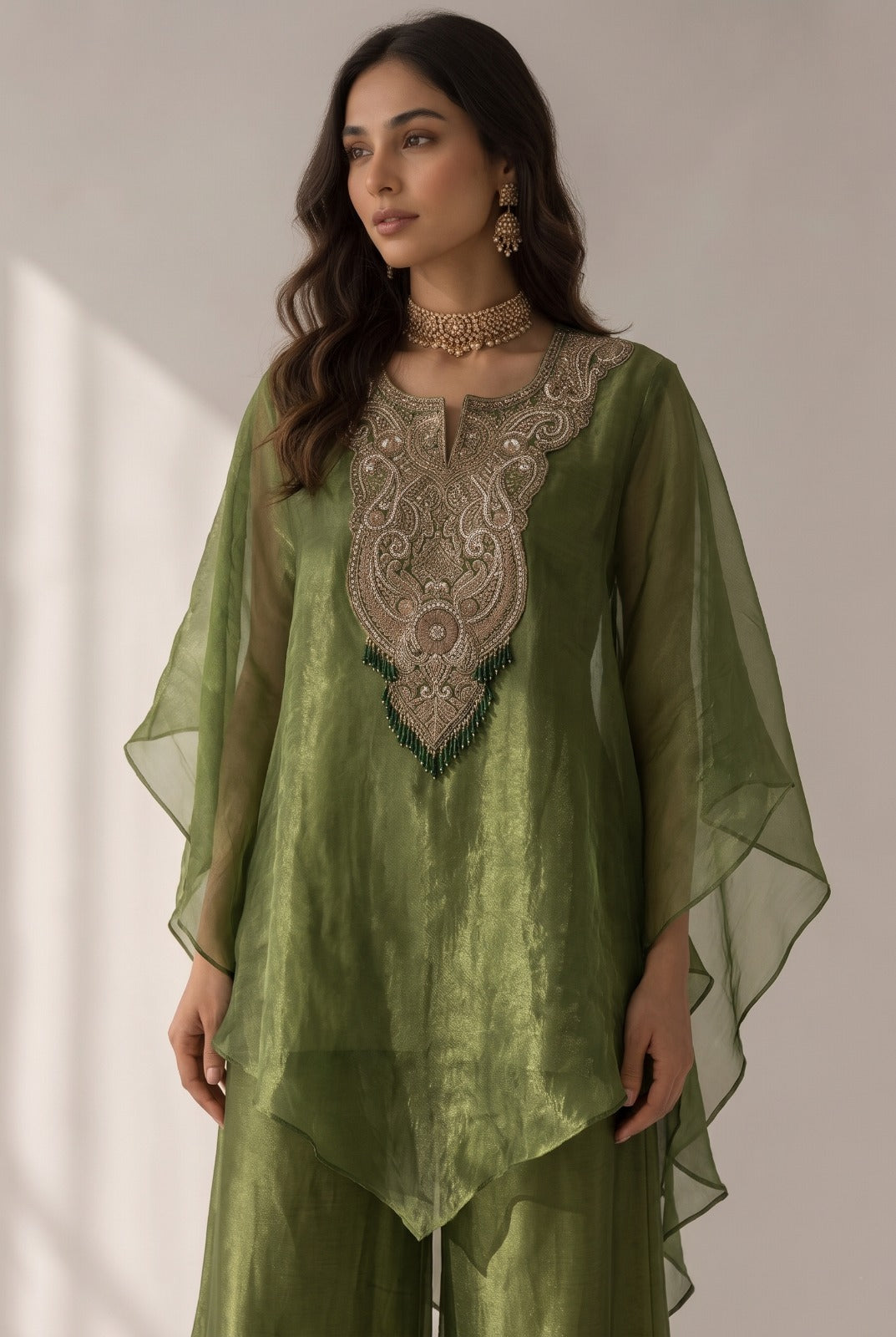 Olive Green Embellished Organza Silk Kaftan Set