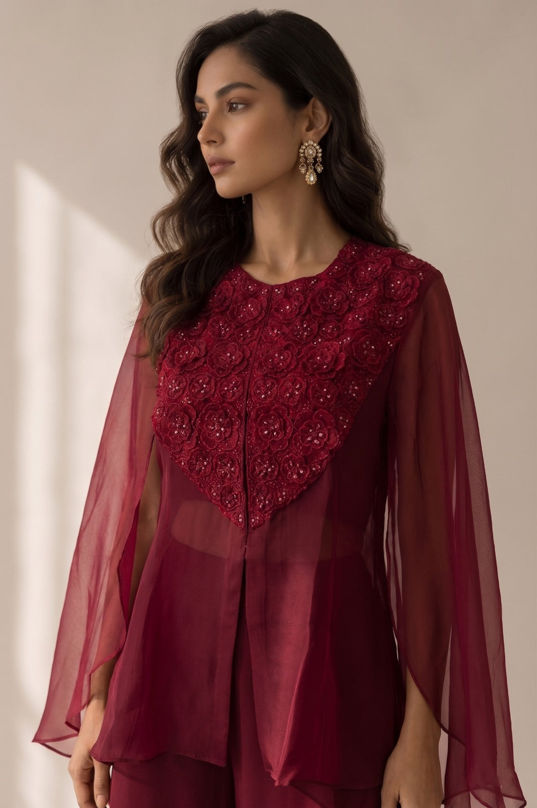 Deep Maroon Embellished Organza Silk Kaftan Set