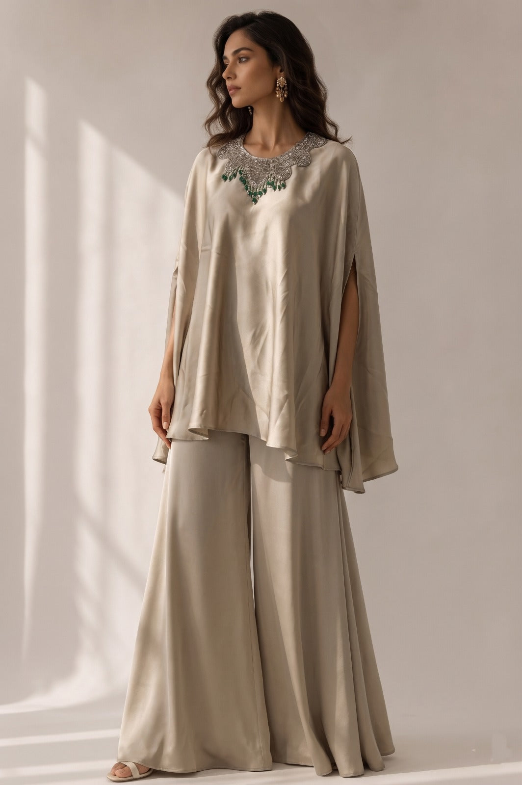 Champagne Beige Embellished Satin Silk Kaftan Set