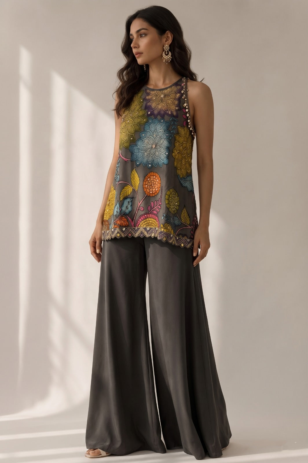 Floral Grey Embellished Bangalore Silk Palazzo Set
