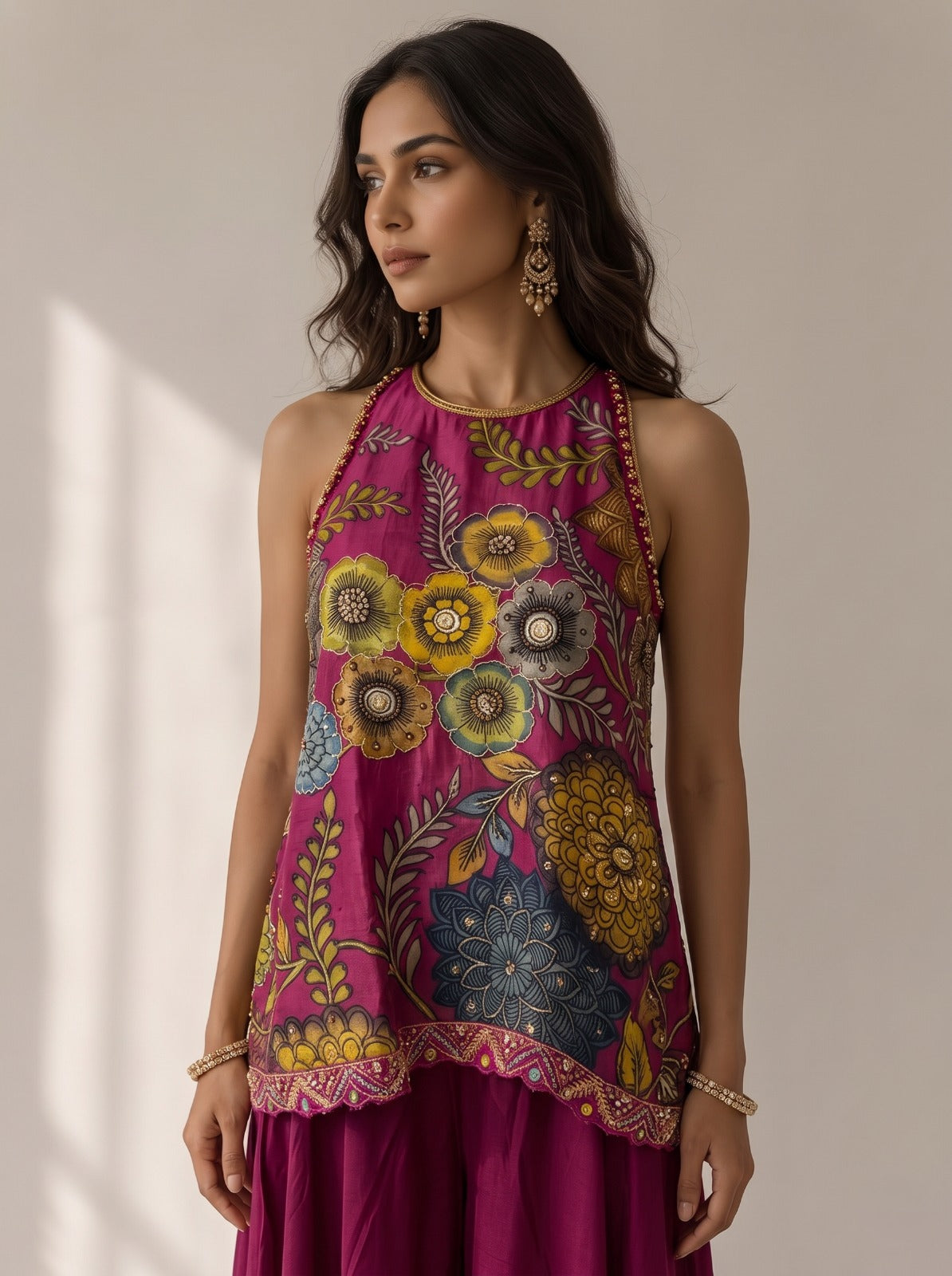 Floral Pink Embellished Bangalore Silk Palazzo Set