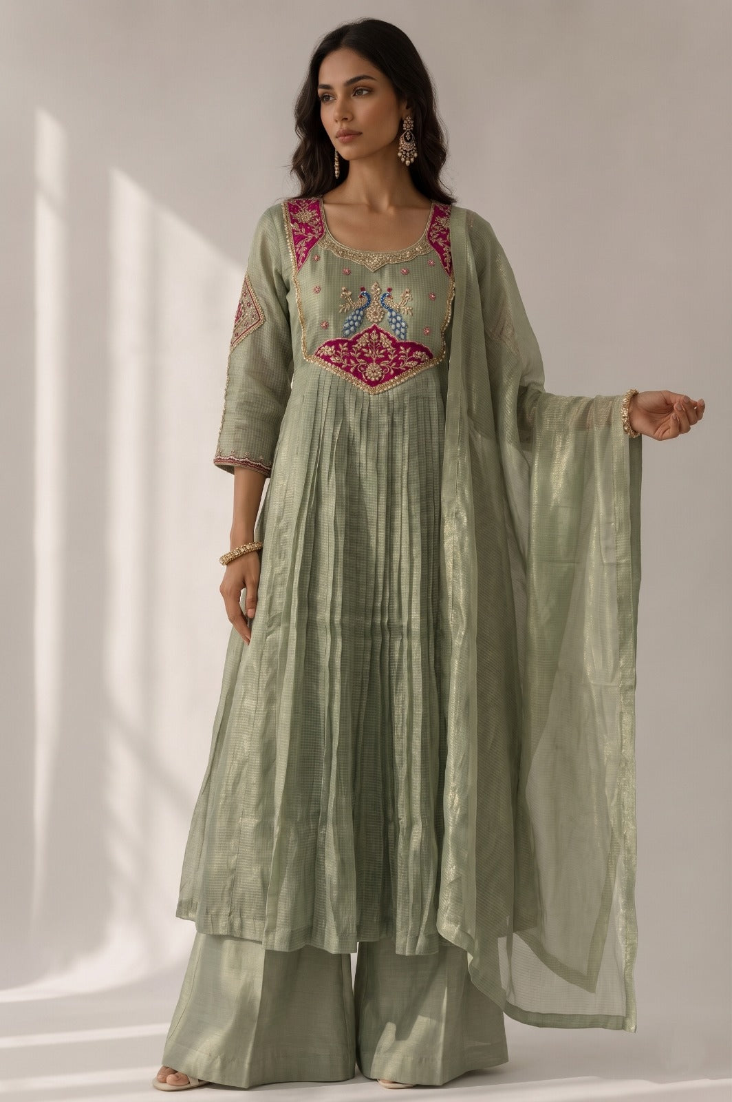 Muted Pistachio Embellished Organza Silk Palazzo Set