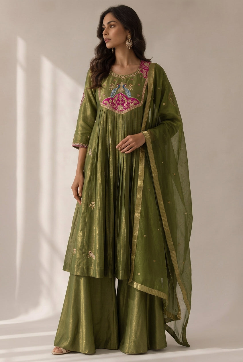 Olive Green Embellished Organza Silk Palazzo Set
