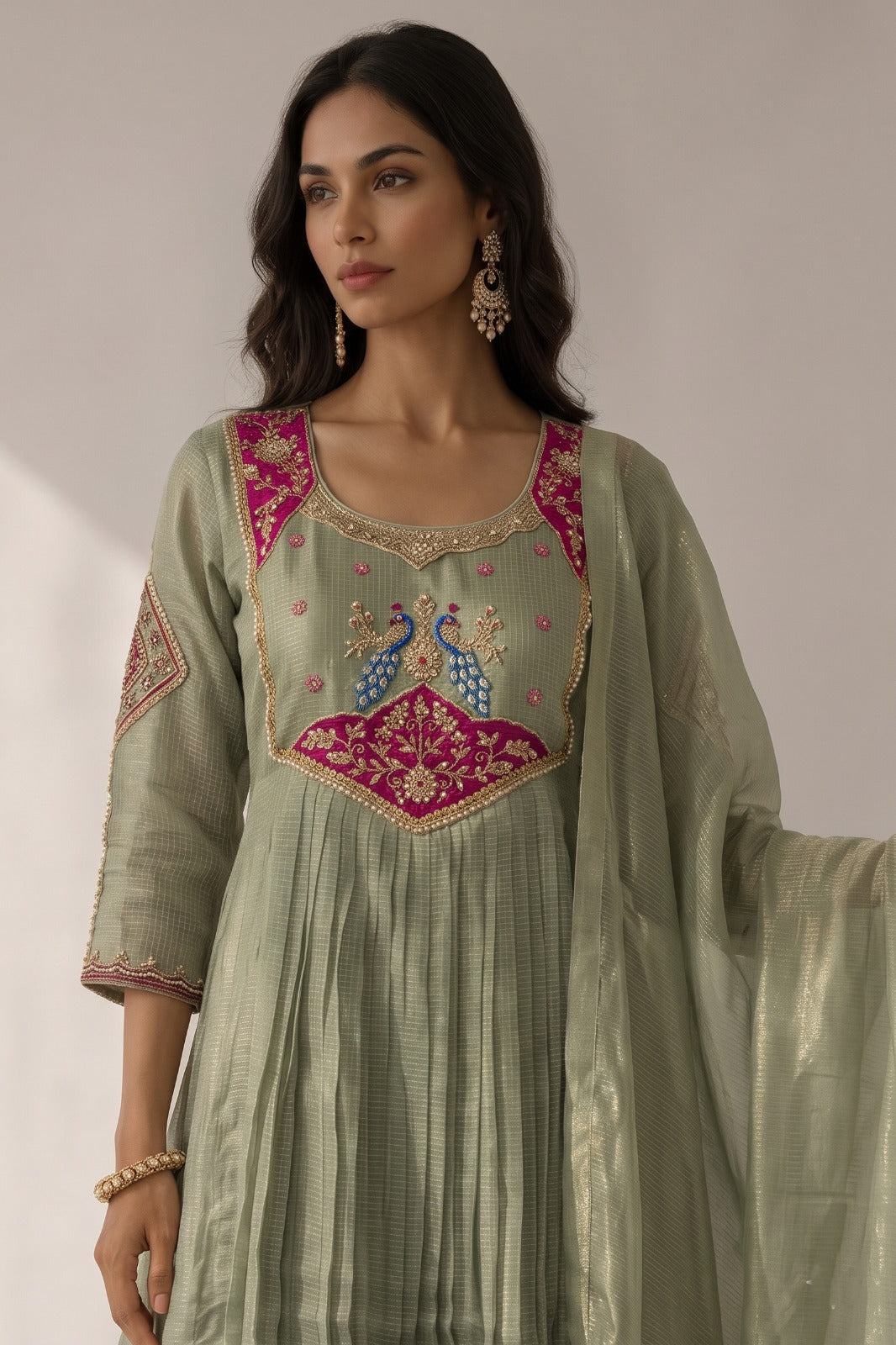 Muted Pistachio Embellished Organza Silk Palazzo Set