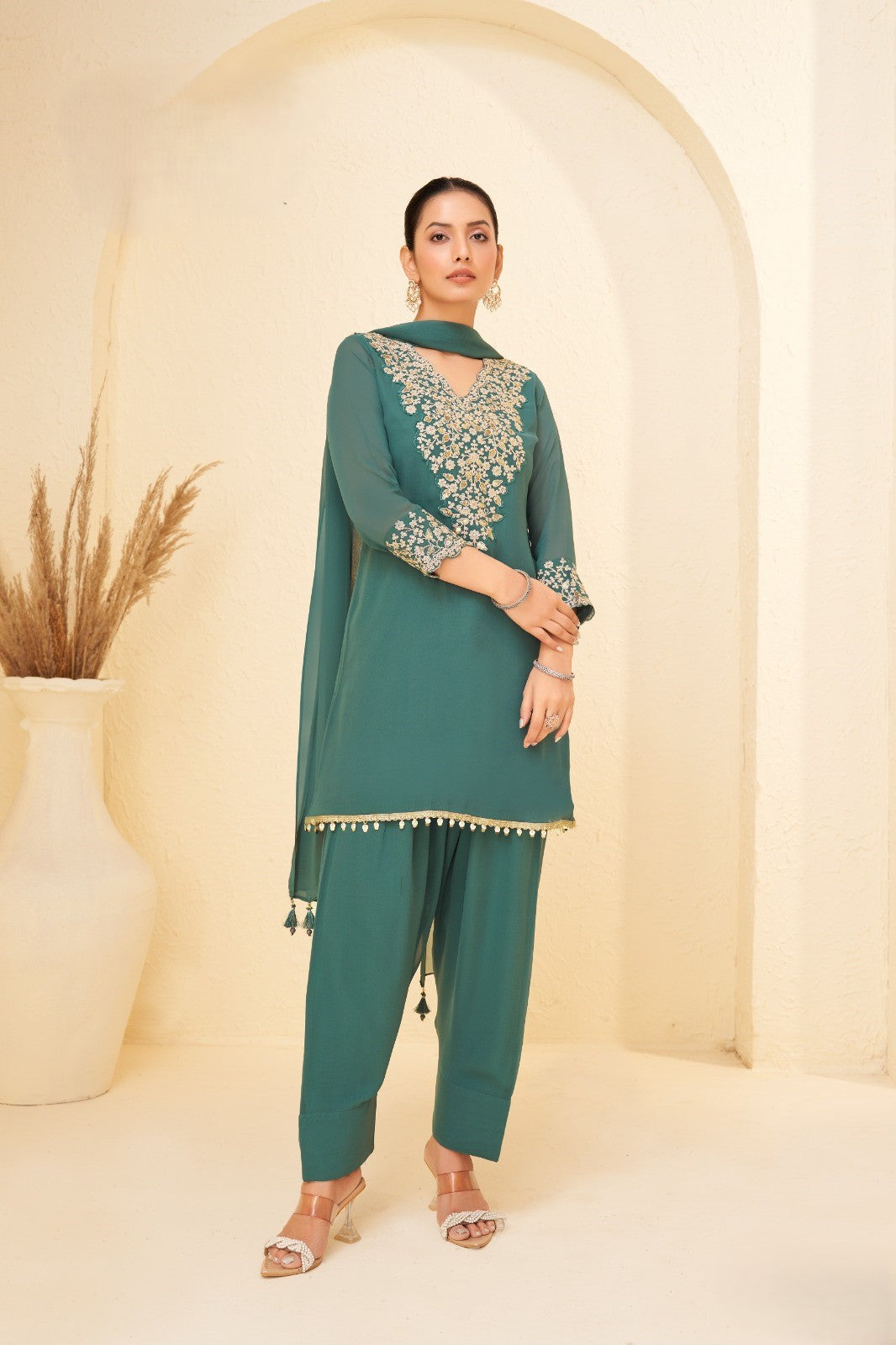 Rama Green Embellished Georgette Silk Salwar Set