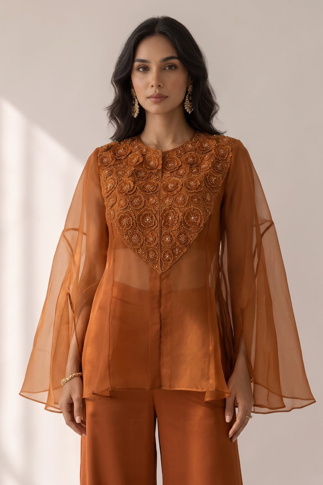 Warm Mustard Embellished Organza Silk Kaftan Set