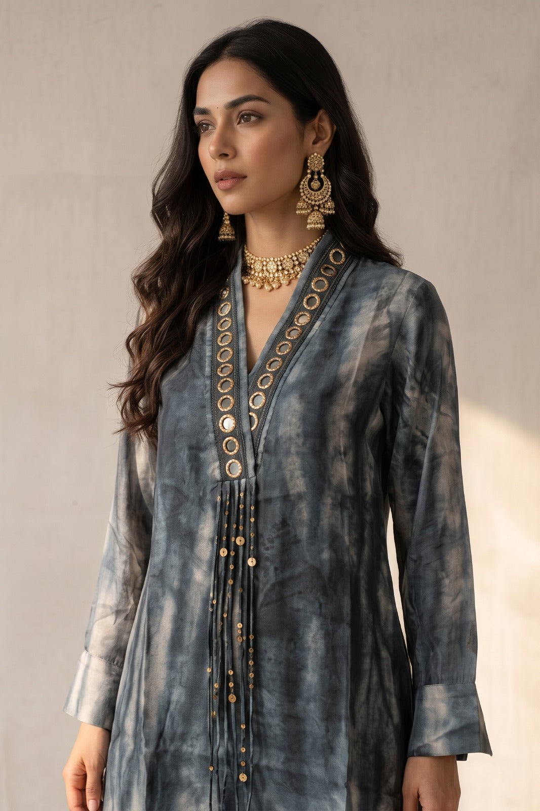 Slate Grey Embellished Crepe Silk Palazzo Set