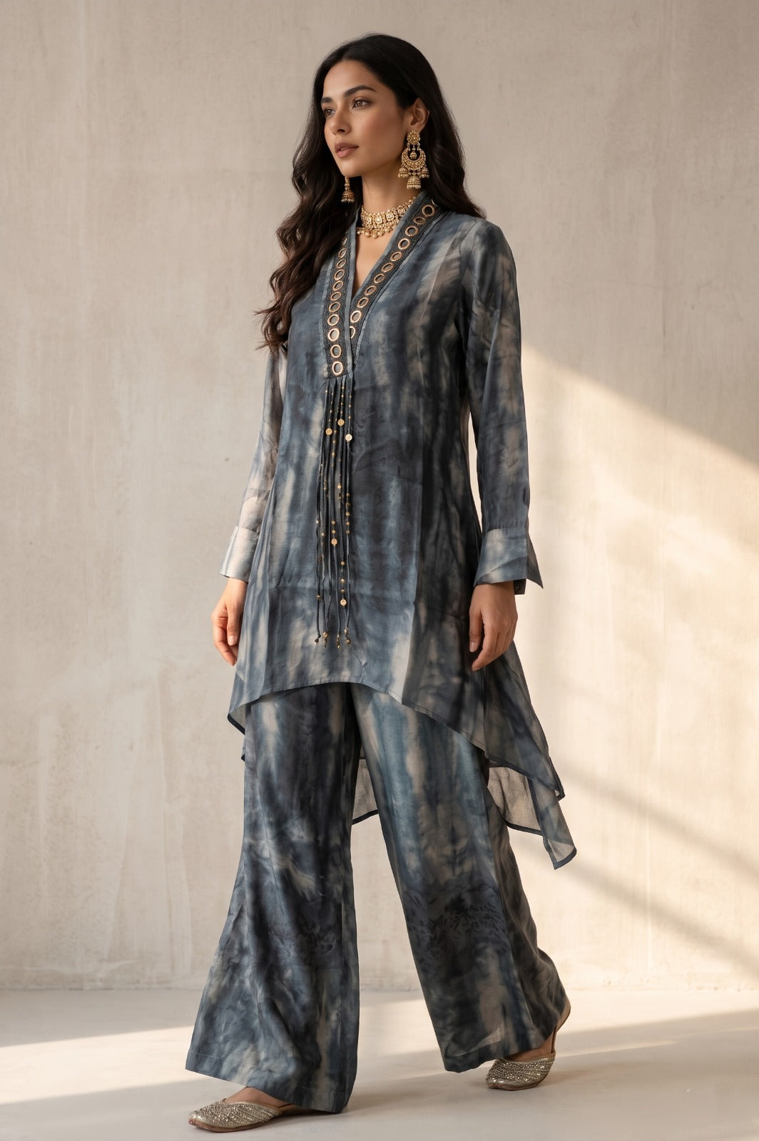 Slate Grey Embellished Crepe Silk Palazzo Set