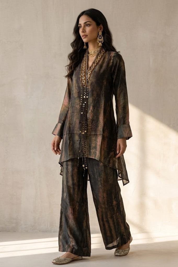 Earthy Brown Embellished Crepe Silk Palazzo Set