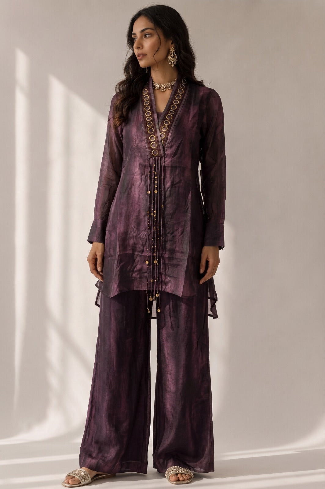 Deep Plum Embellished Crepe Silk Palazzo Set