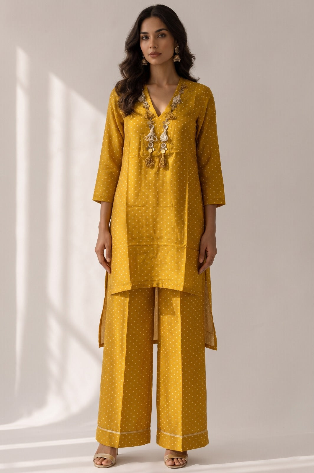 Mustard Yellow Embellished Crepe Silk Skirt Set