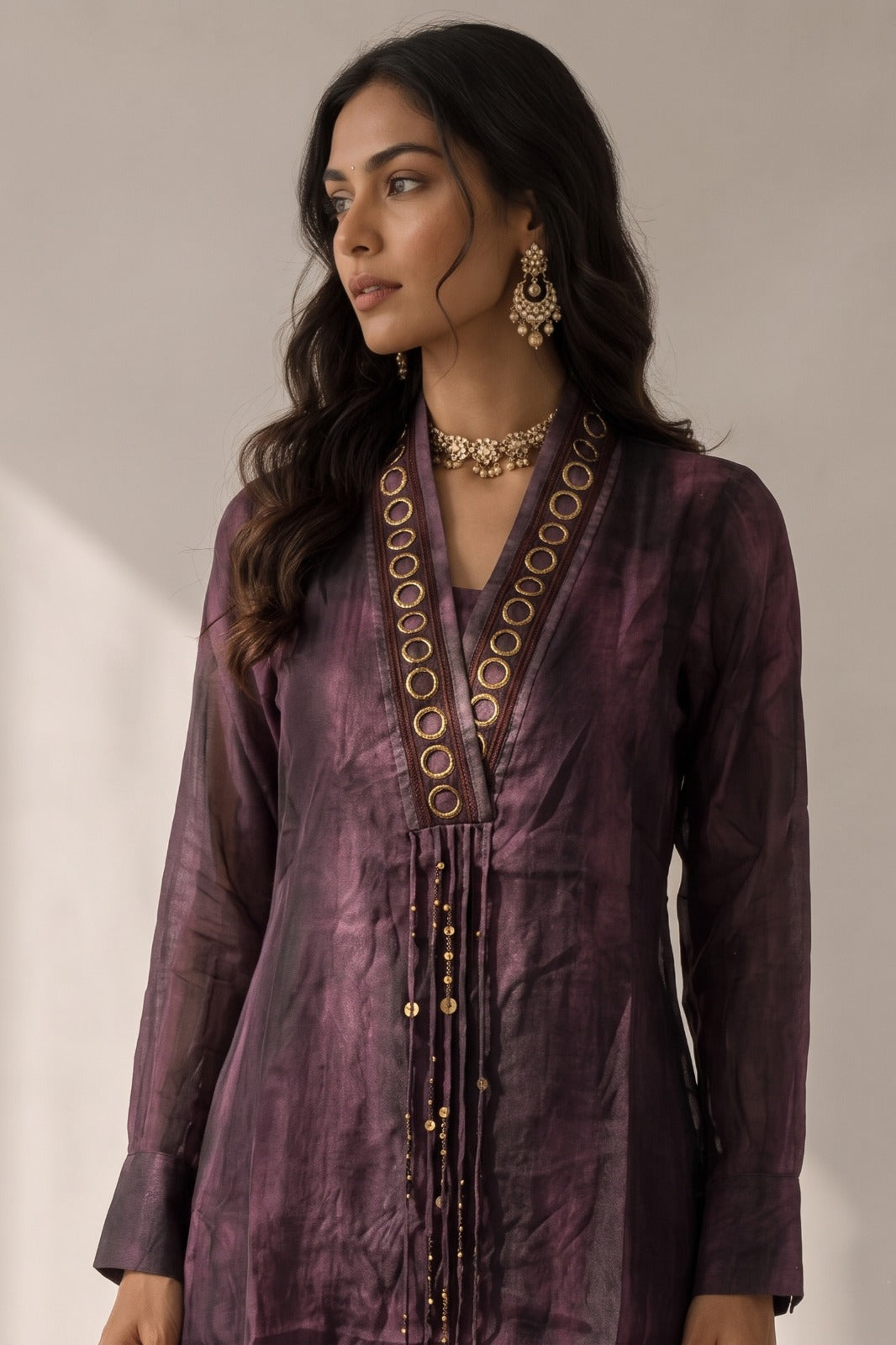 Deep Plum Embellished Crepe Silk Palazzo Set