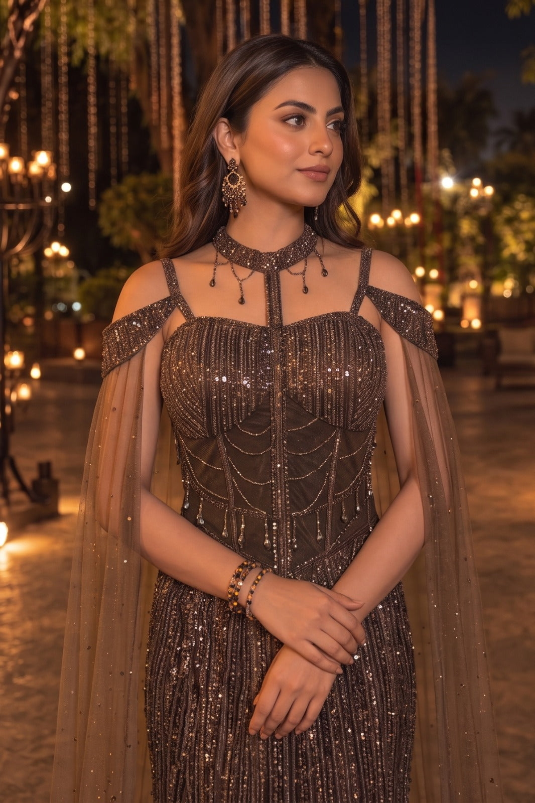 Brown Clay Embellished Premium Net Lehenga Set