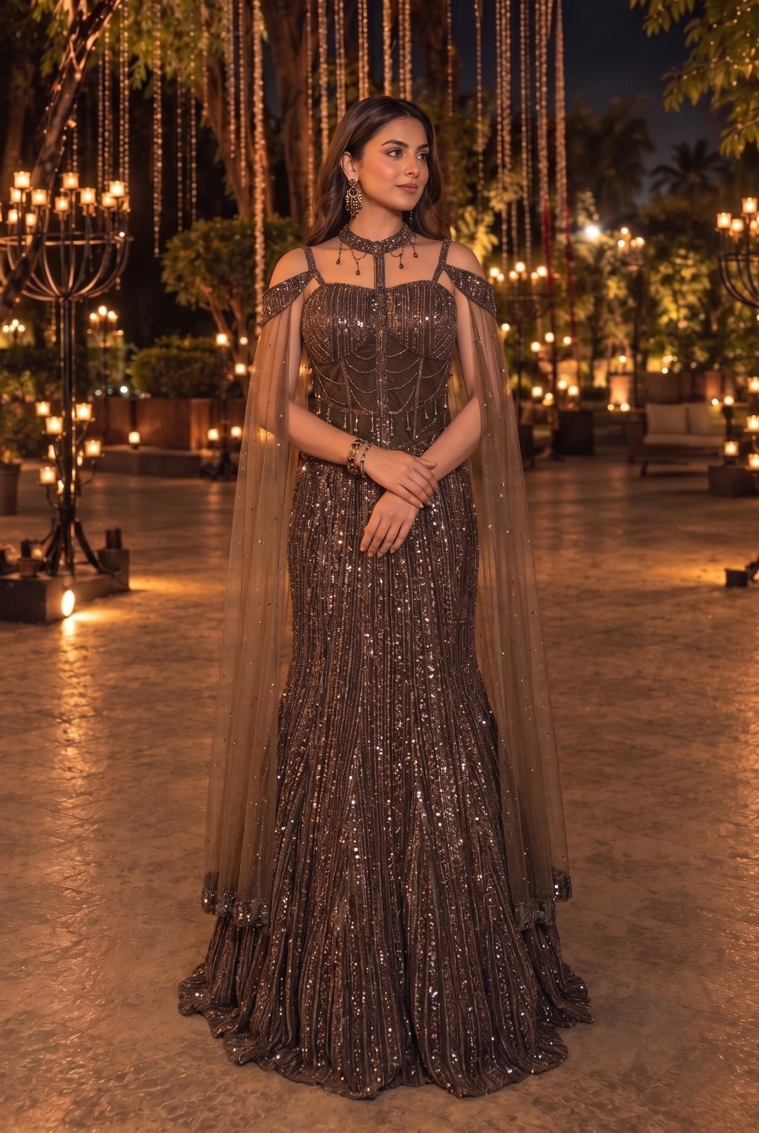Brown Clay Embellished Premium Net Lehenga Set