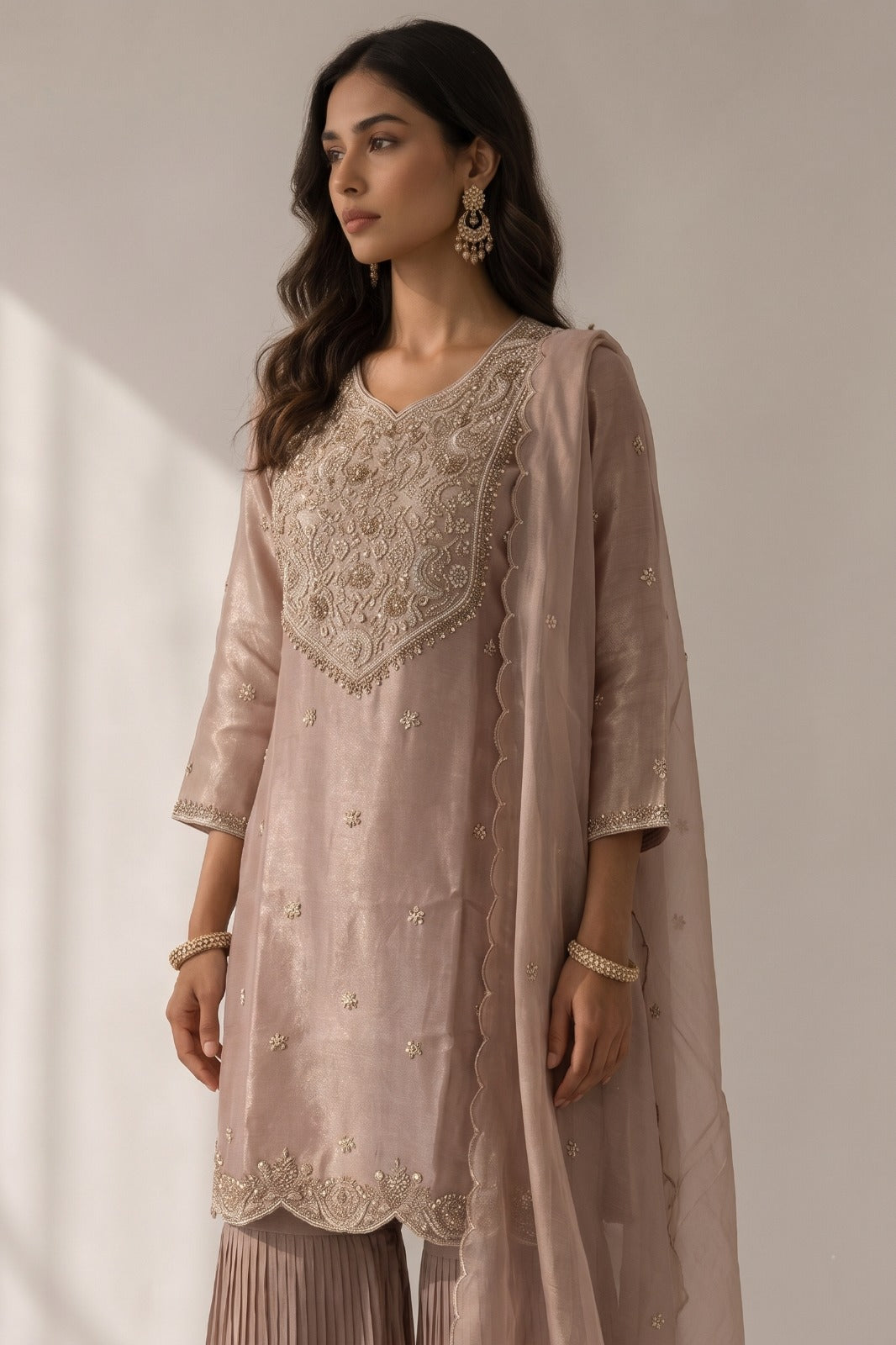 Metallic Dusty Pink Embellished Tissue  Silk Sharara Set