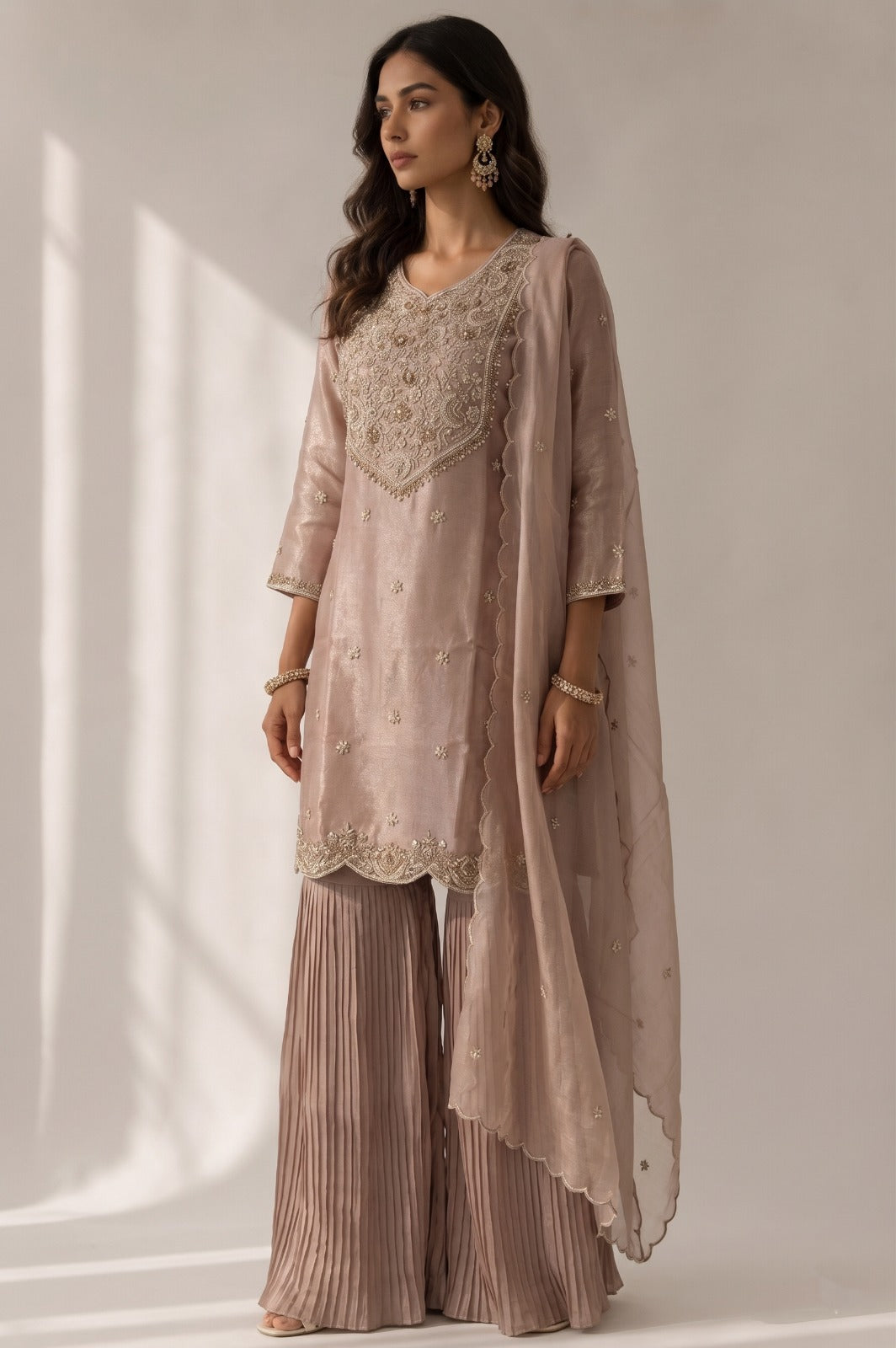 Metallic Dusty Pink Embellished Tissue  Silk Sharara Set