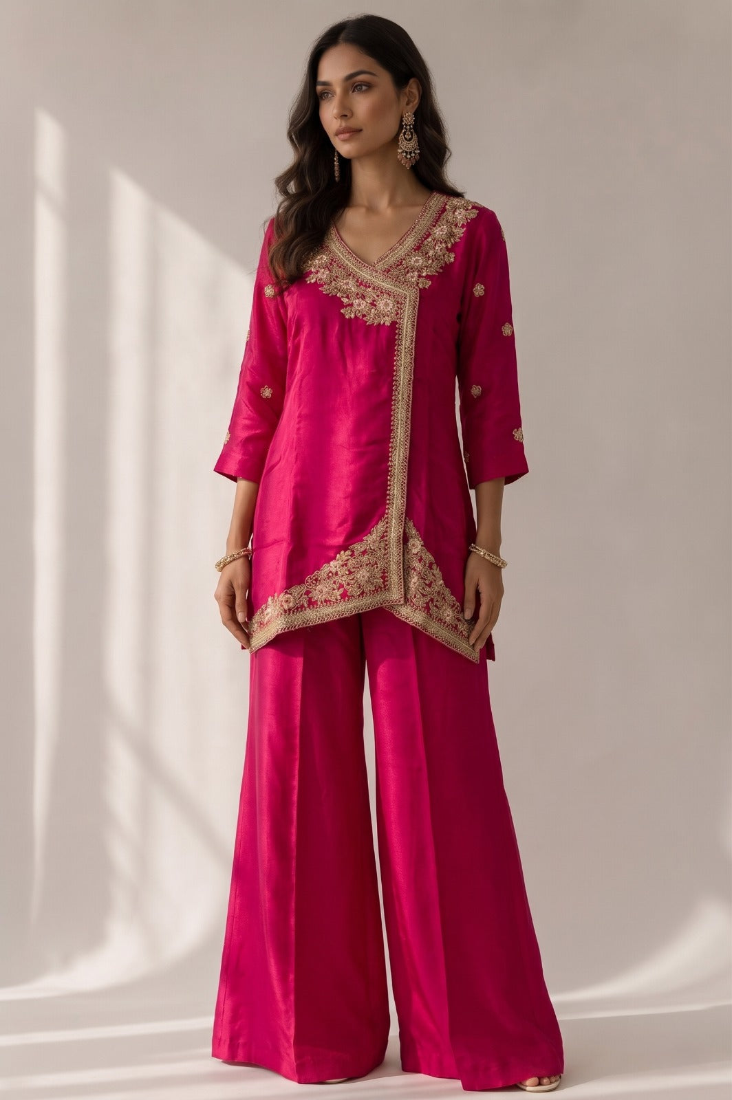 Rani Pink Embellished Crepe Satin Silk Palazzo Set
