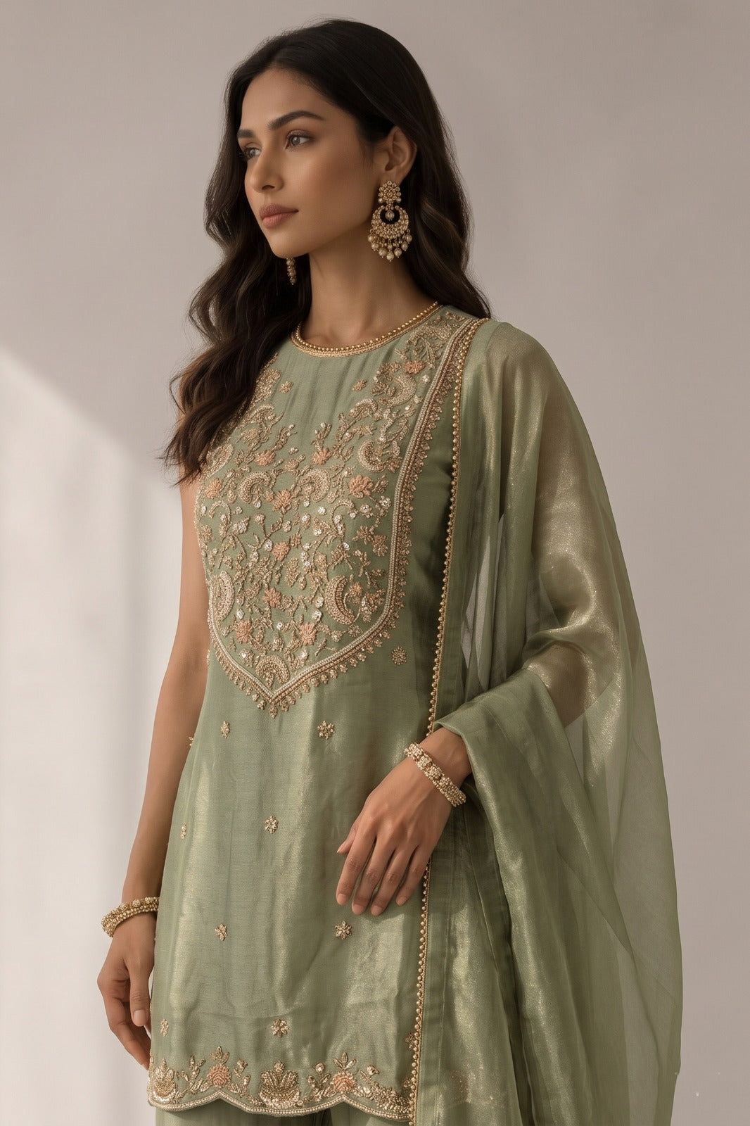 Sage Green Embellished Tissue  Silk Sharara Set