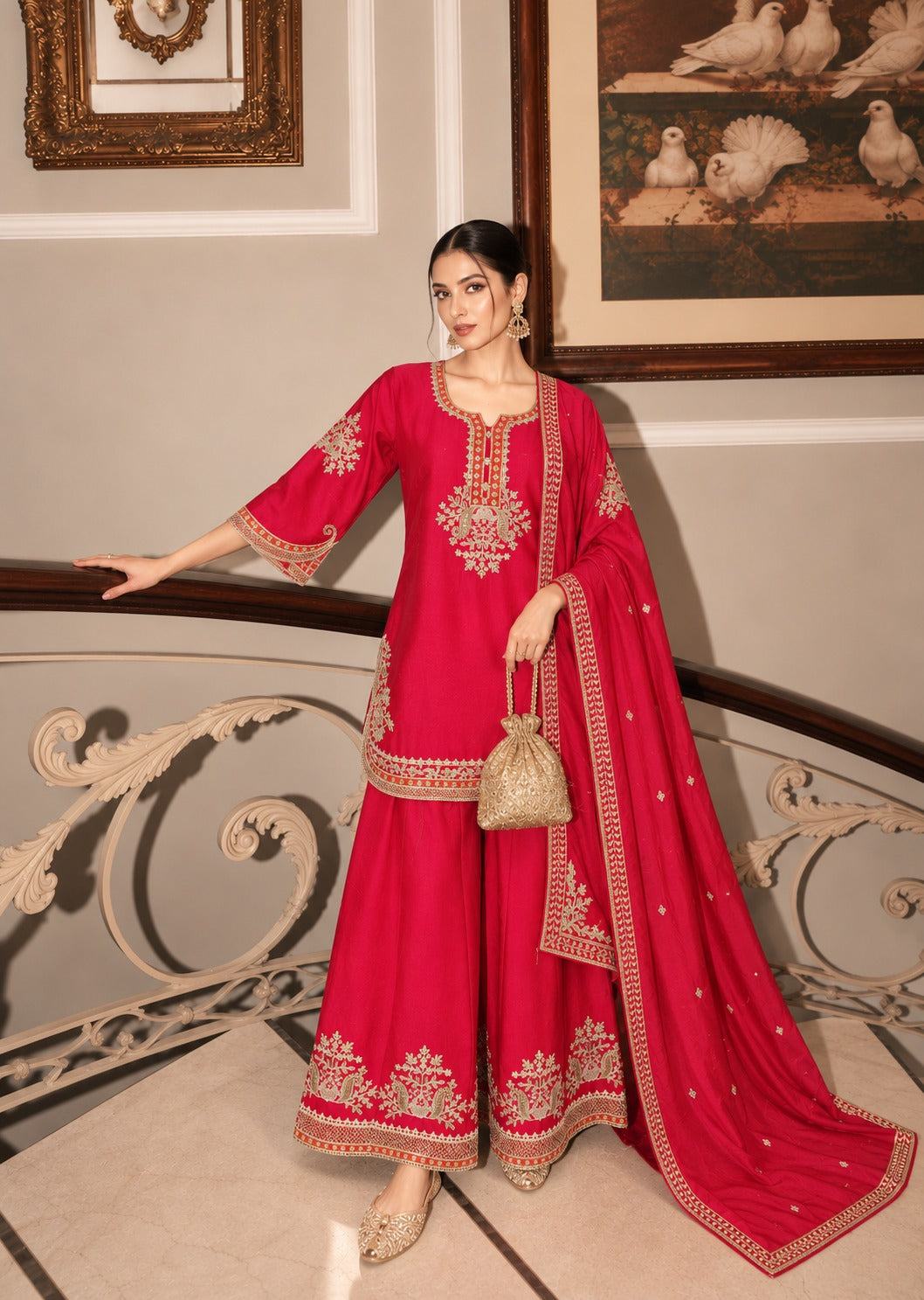 Rani Pink Embellished Chinon Silk Palazzo Set