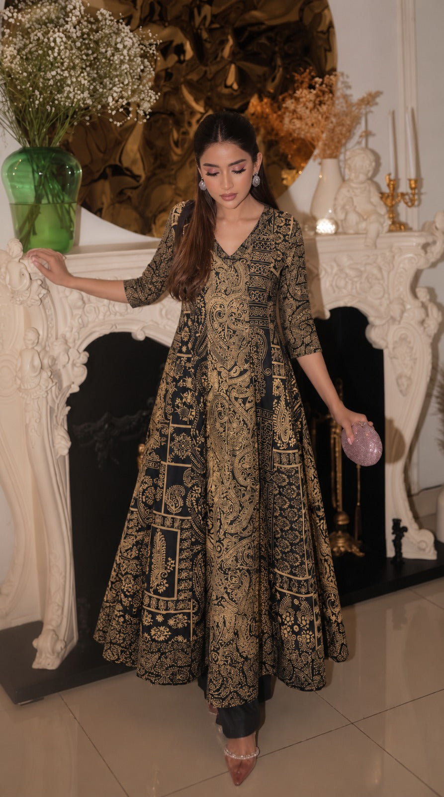 Black Beige Printed Cotton Anarkali Set
