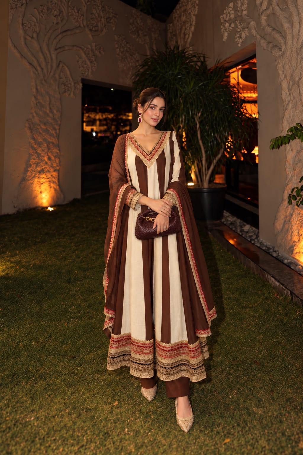 Chocolate Ivory Embellished Pure Crepe Silk Anarkali Set
